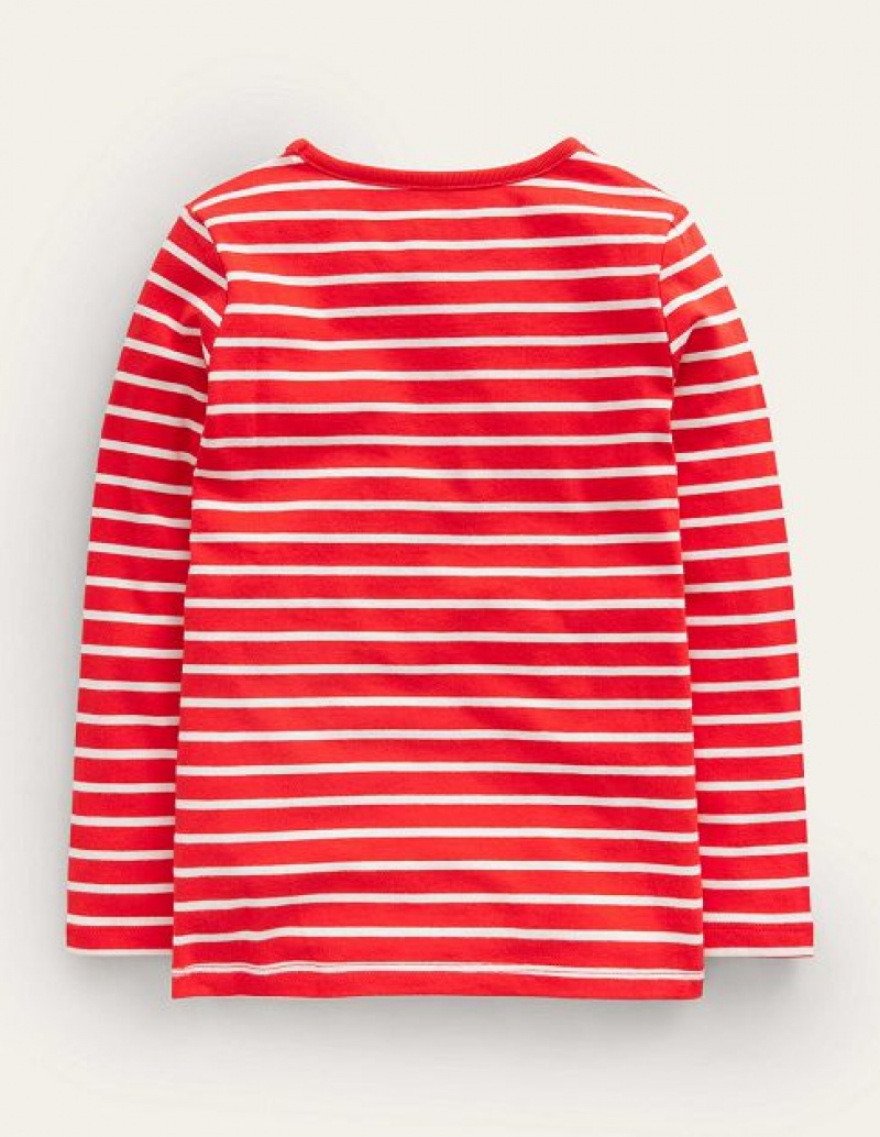 Red / White Kids' Boden Puff Sleeve Appliqué T-Shirt | 13875ZVUT