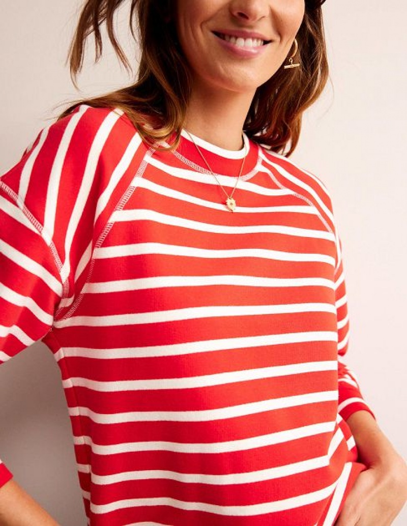 Red / White Women's Boden Raglan Hotch Sweatshirts | 78196NQLT