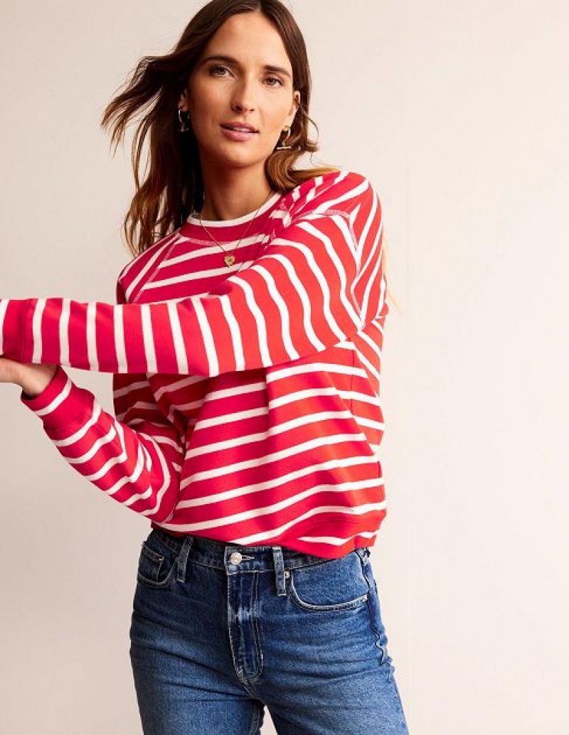 Red / White Women's Boden Raglan Hotch Sweatshirts | 78196NQLT