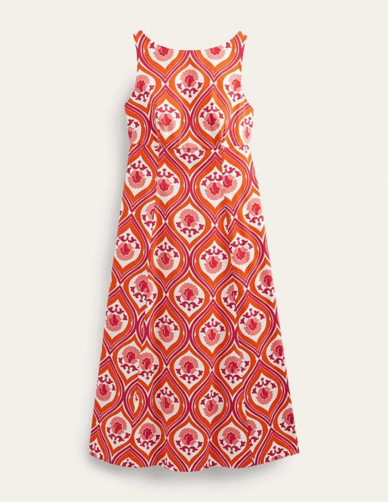 Red / White Women's Boden Slash Neck Midi Dress | 50269YNFC