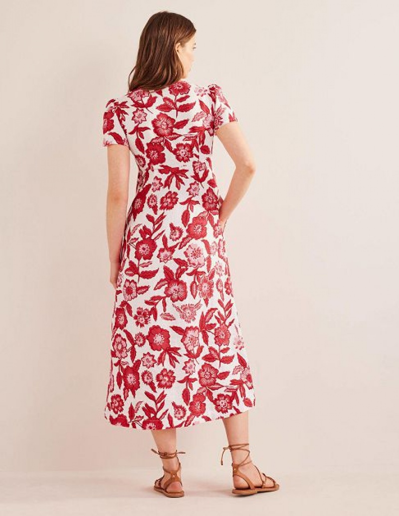 Red / White Women's Boden Tie Front Linen Midi Dress | 46817TKAB