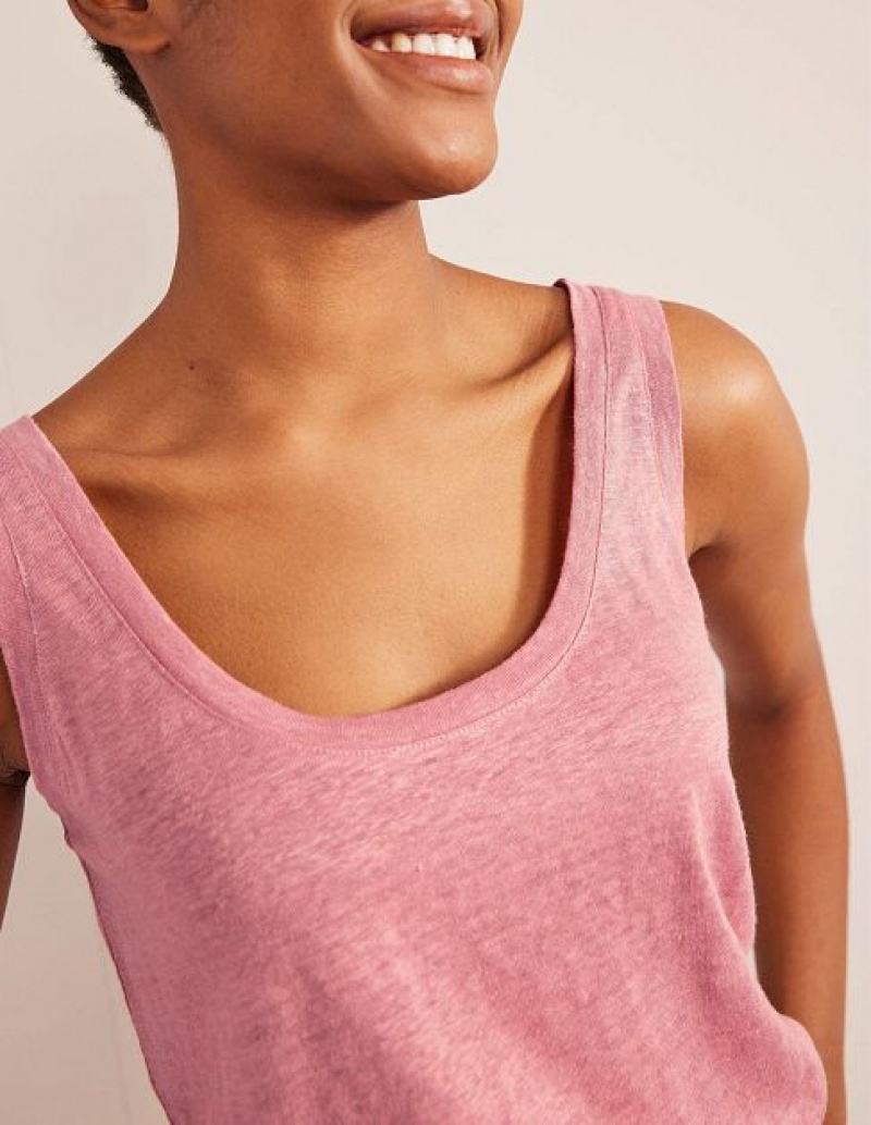 Rose Pink Women's Boden Scoop Neck Linen Vest Tops | 19573CFDZ