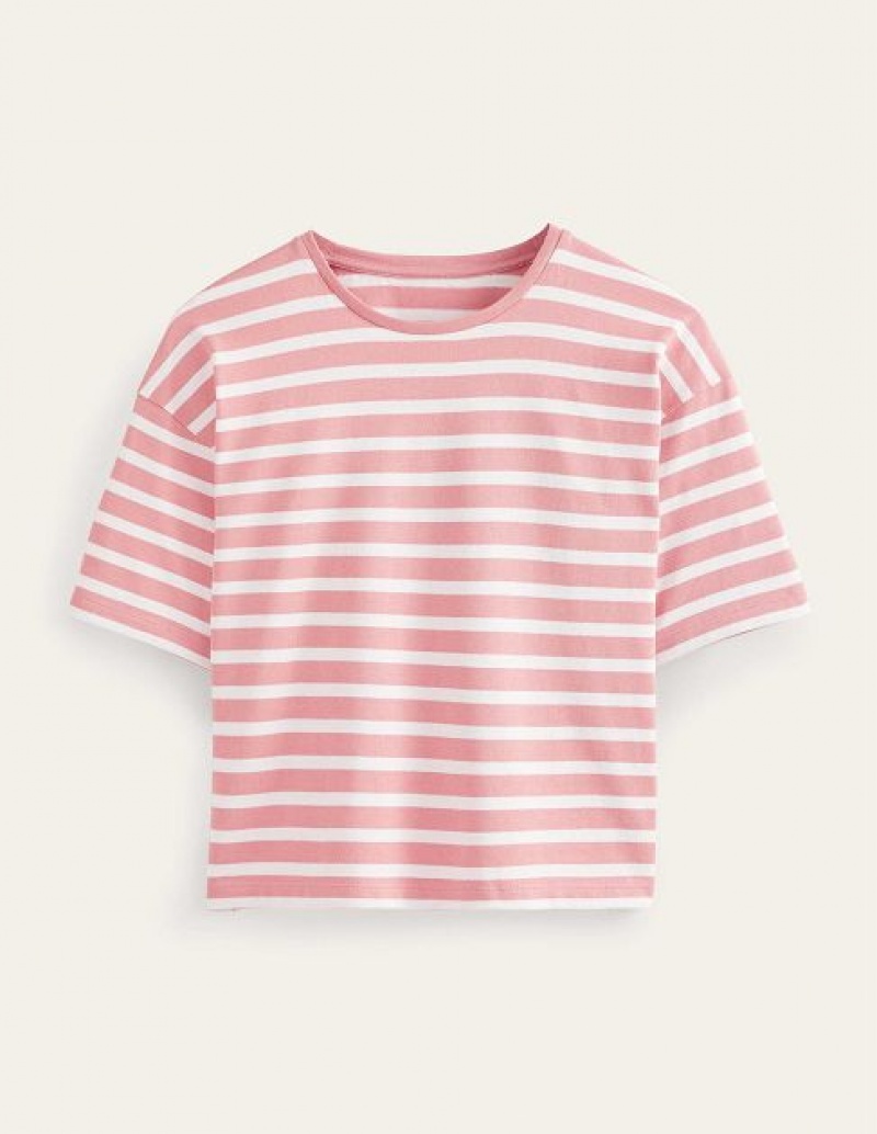 Rose Pink / White Stripes Women's Boden Heavyweight Breton T-Shirt | 81695TPLM