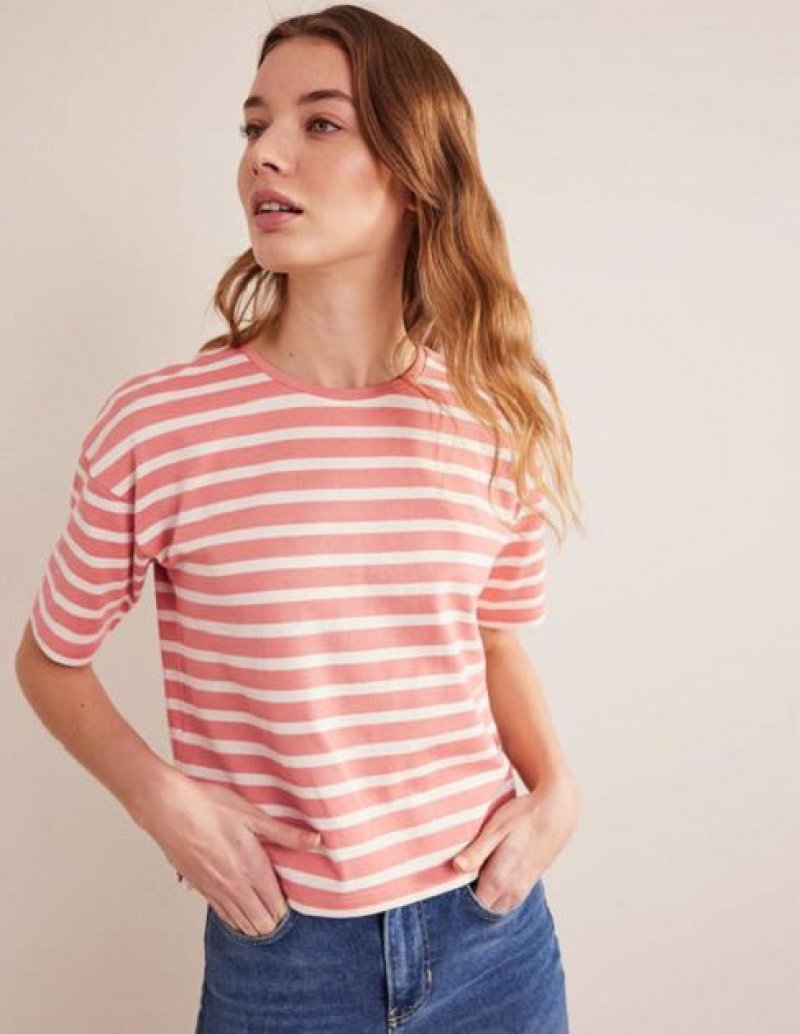 Rose Pink / White Stripes Women's Boden Heavyweight Breton T-Shirt | 81695TPLM