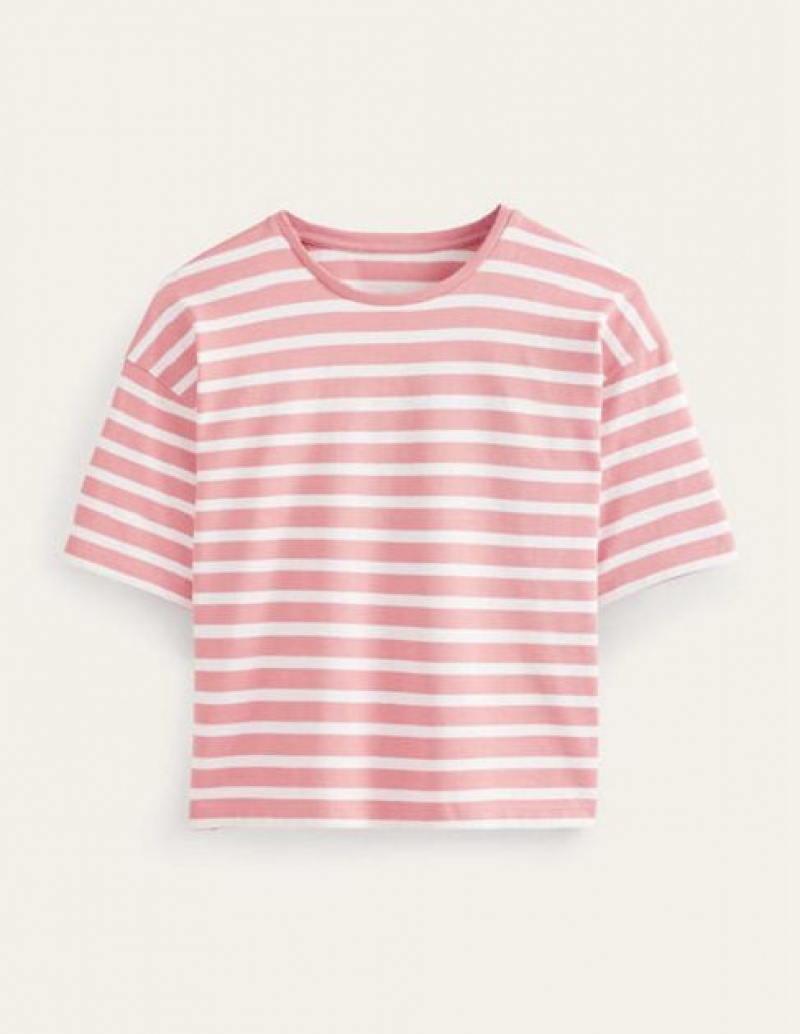 Rose Pink / White Stripes Women's Boden Heavyweight Breton T-Shirt | 81695TPLM