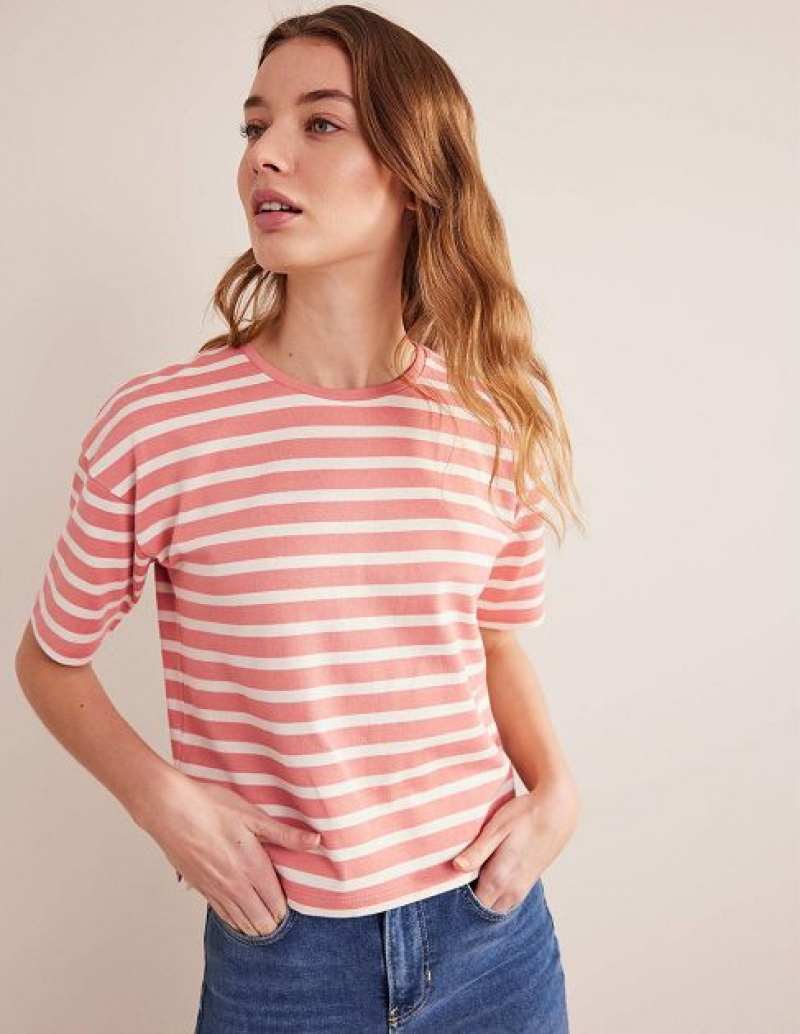 Rose Pink / White Stripes Women\'s Boden Heavyweight Breton T-Shirt | 81695TPLM