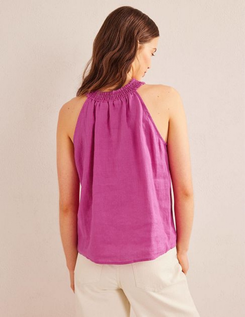 Rose Purple Women's Boden Linen Smocked Halter Tops | 68931GLUO