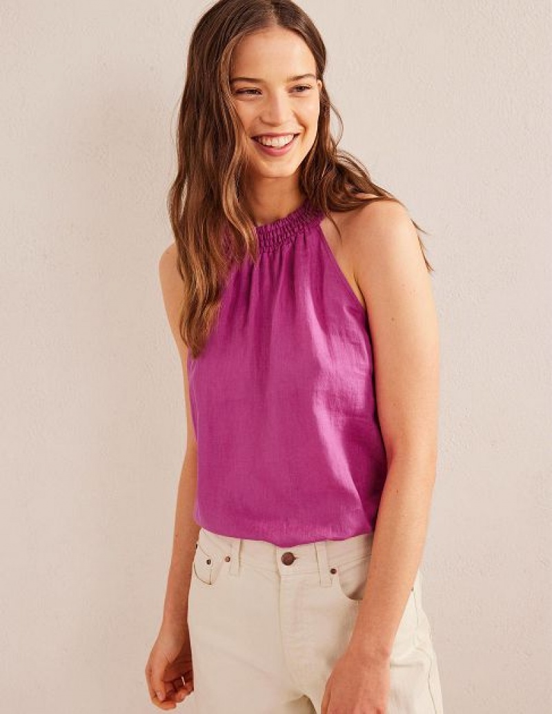 Rose Purple Women's Boden Linen Smocked Halter Tops | 68931GLUO