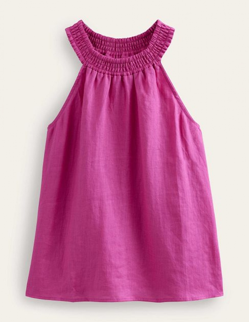 Rose Purple Women's Boden Linen Smocked Halter Tops | 68931GLUO