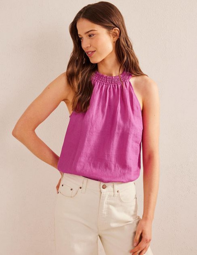 Rose Purple Women\'s Boden Linen Smocked Halter Tops | 68931GLUO