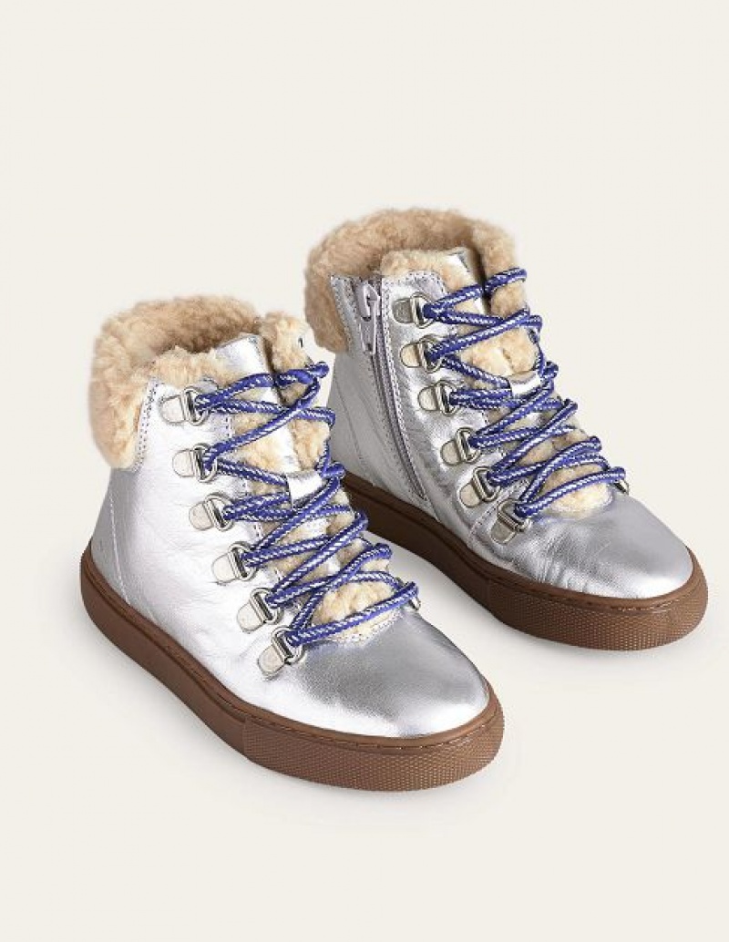 Silver Metal Kids' Boden Cosy Leather Lace Up Boots | 87365DXFU