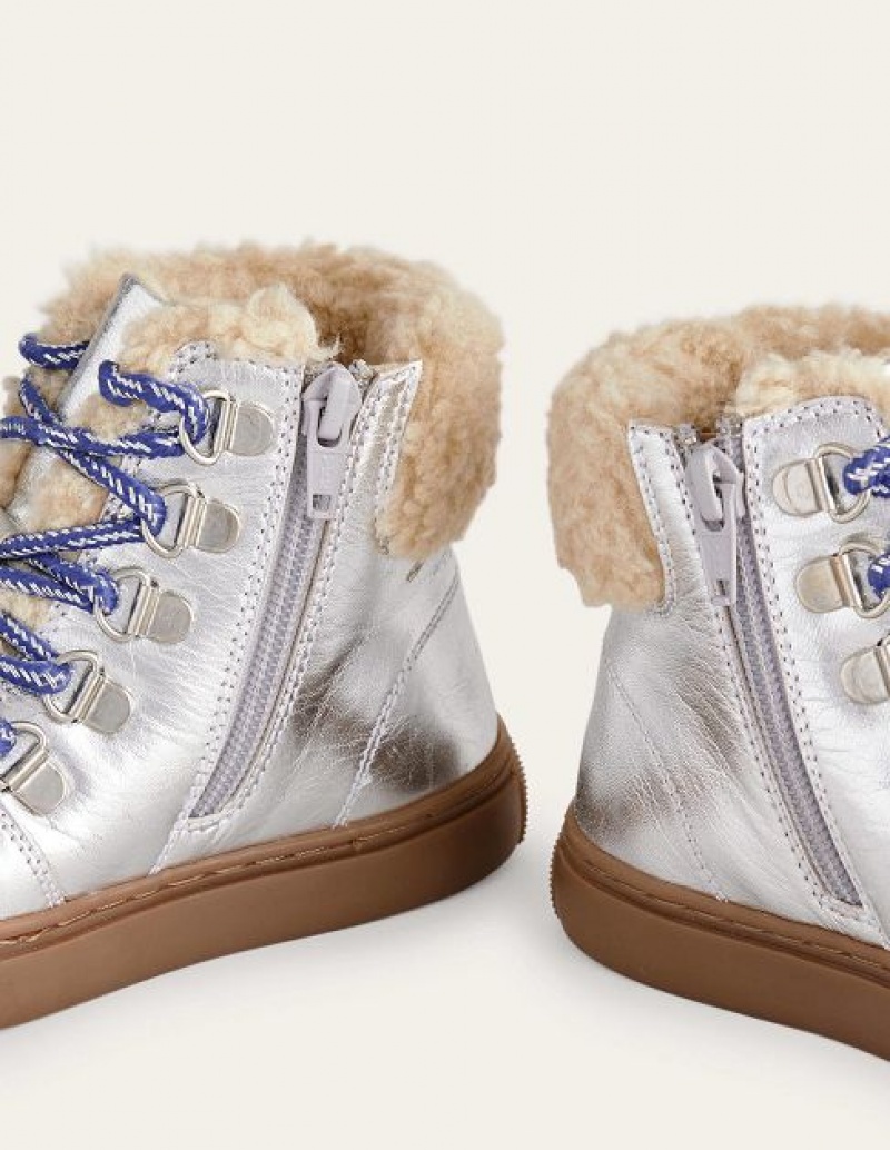 Silver Metal Kids' Boden Cosy Leather Lace Up Boots | 87365DXFU