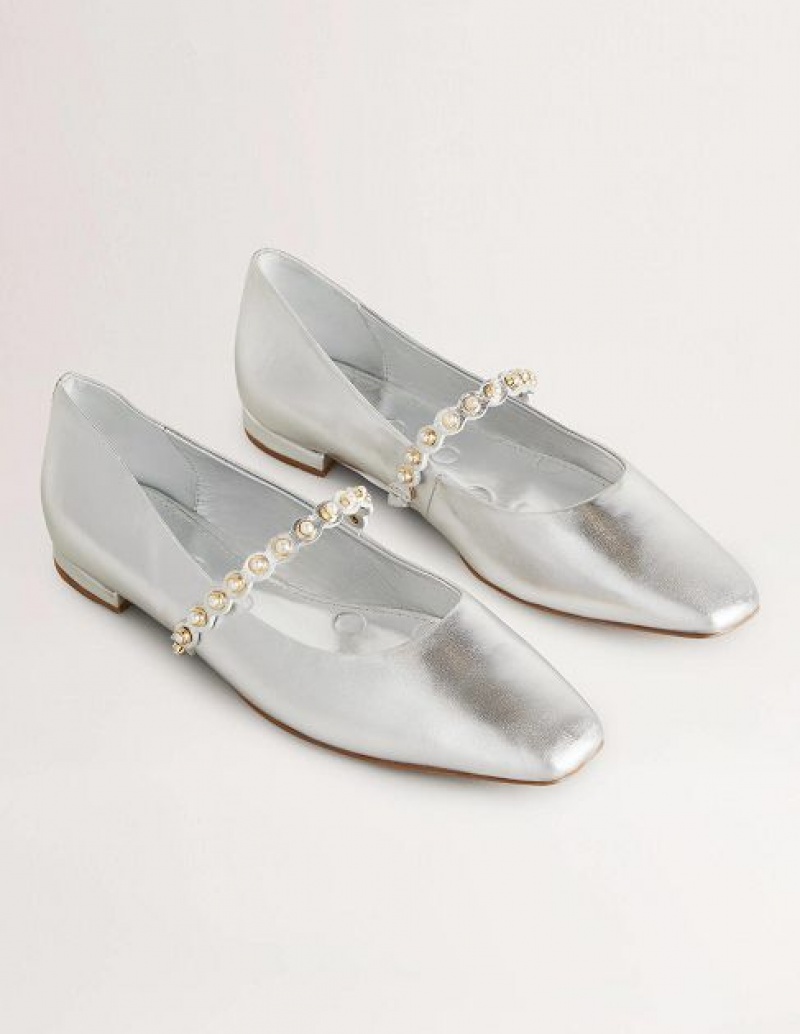 Silver Metal Women's Boden Pearl Strap Flats | 01829OJKX