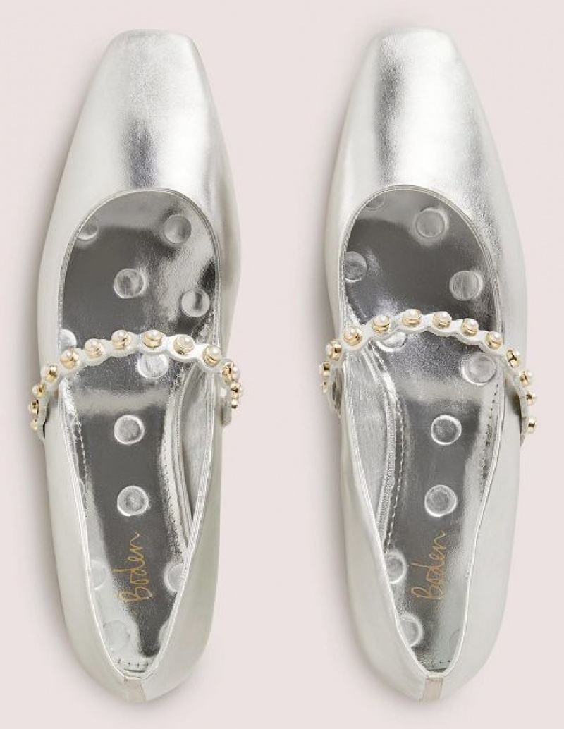 Silver Metal Women's Boden Pearl Strap Flats | 01829OJKX