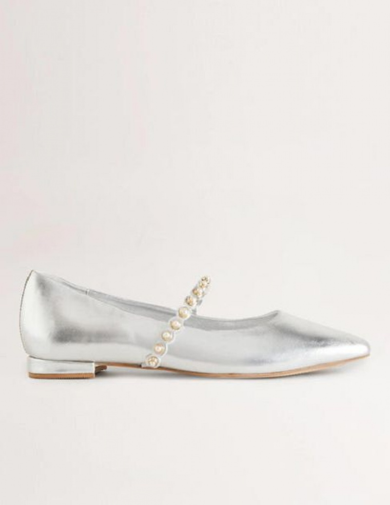 Silver Metal Women's Boden Pearl Strap Flats | 01829OJKX