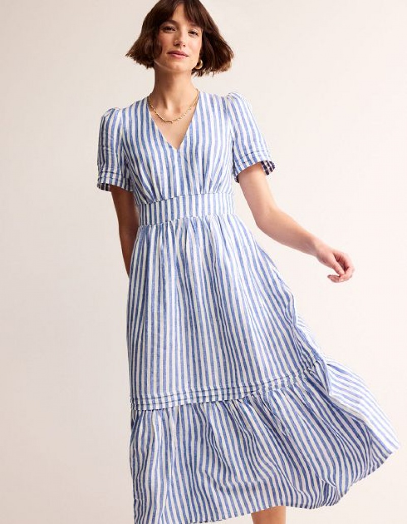 Stripes Women\'s Boden Eve Linen Midi Dress | 70184WDZE