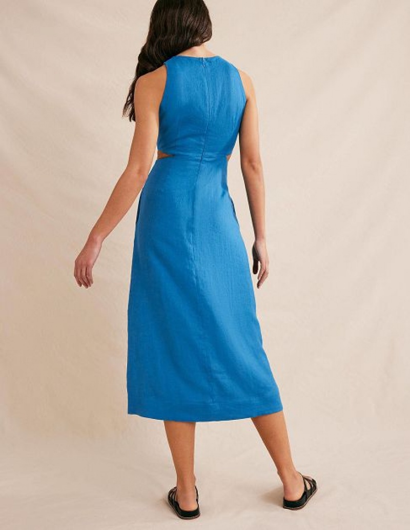 Turquoise Women's Boden Cut Out Linen Midi Dress | 72690QJVU