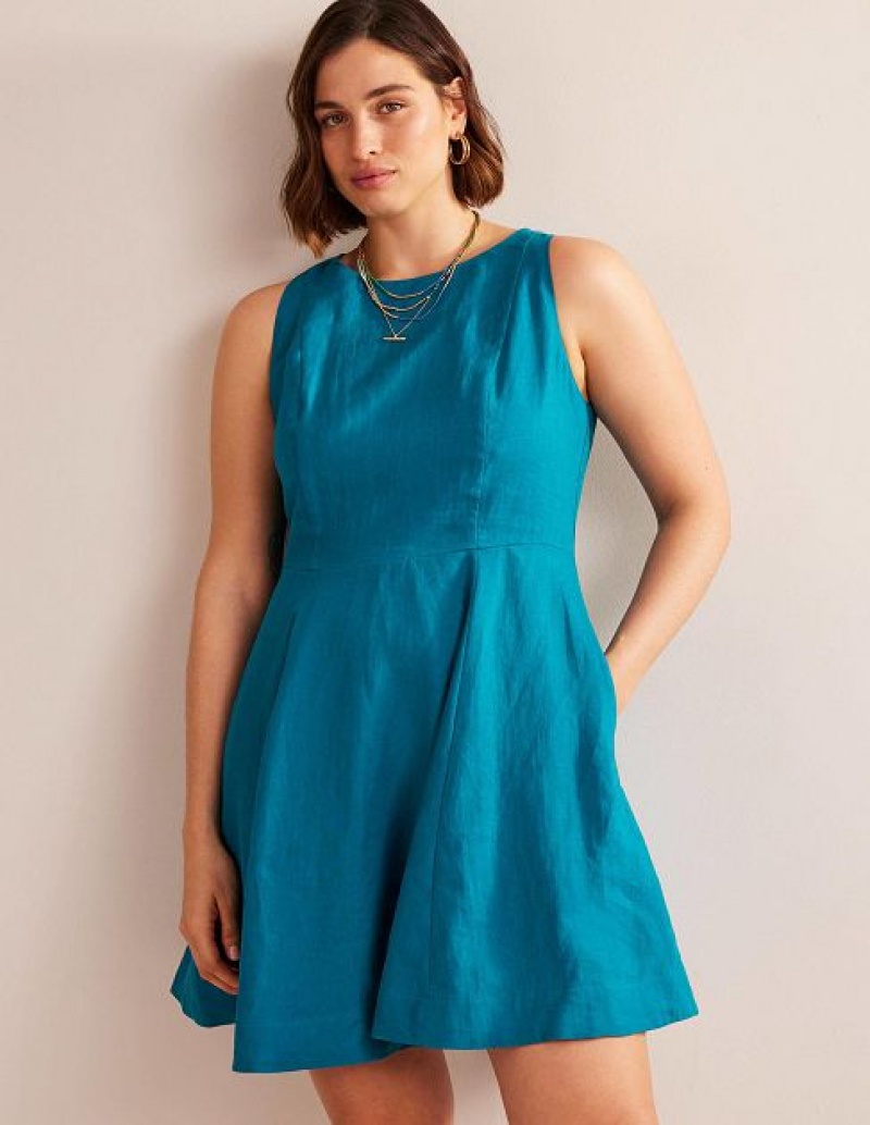 Turquoise Women's Boden Fit-and-flare Linen Mini Dress | 23580UJDA