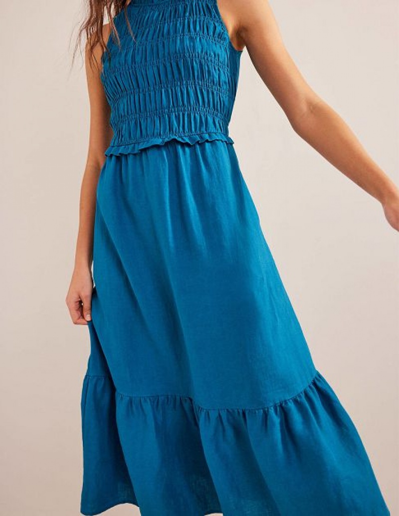 Turquoise Women's Boden Smocked Linen Midi Dress | 91860UXIV