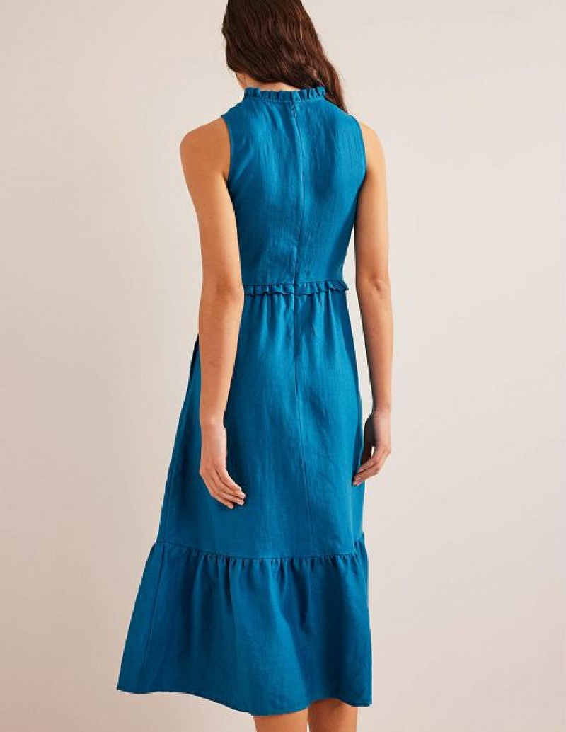 Turquoise Women's Boden Smocked Linen Midi Dress | 91860UXIV