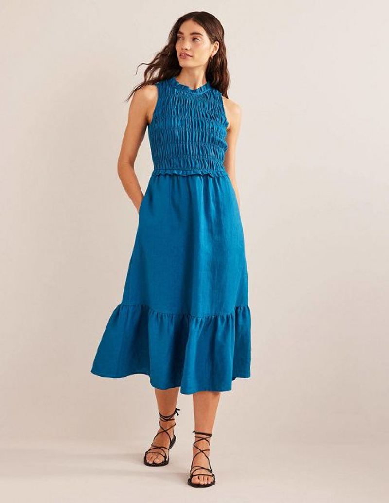 Turquoise Women's Boden Smocked Linen Midi Dress | 91860UXIV