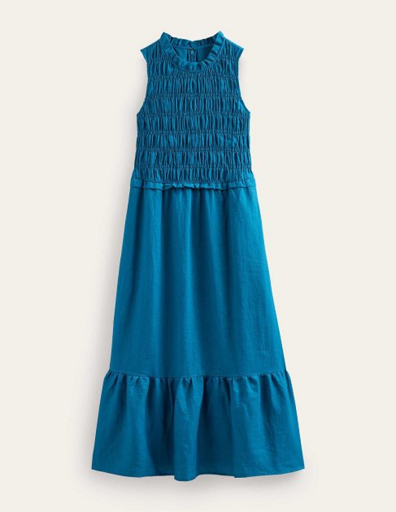 Turquoise Women's Boden Smocked Linen Midi Dress | 91860UXIV