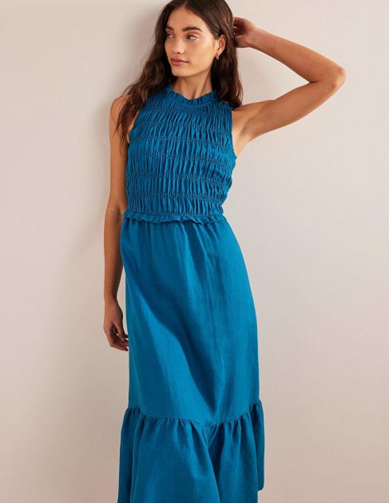 Turquoise Women\'s Boden Smocked Linen Midi Dress | 91860UXIV