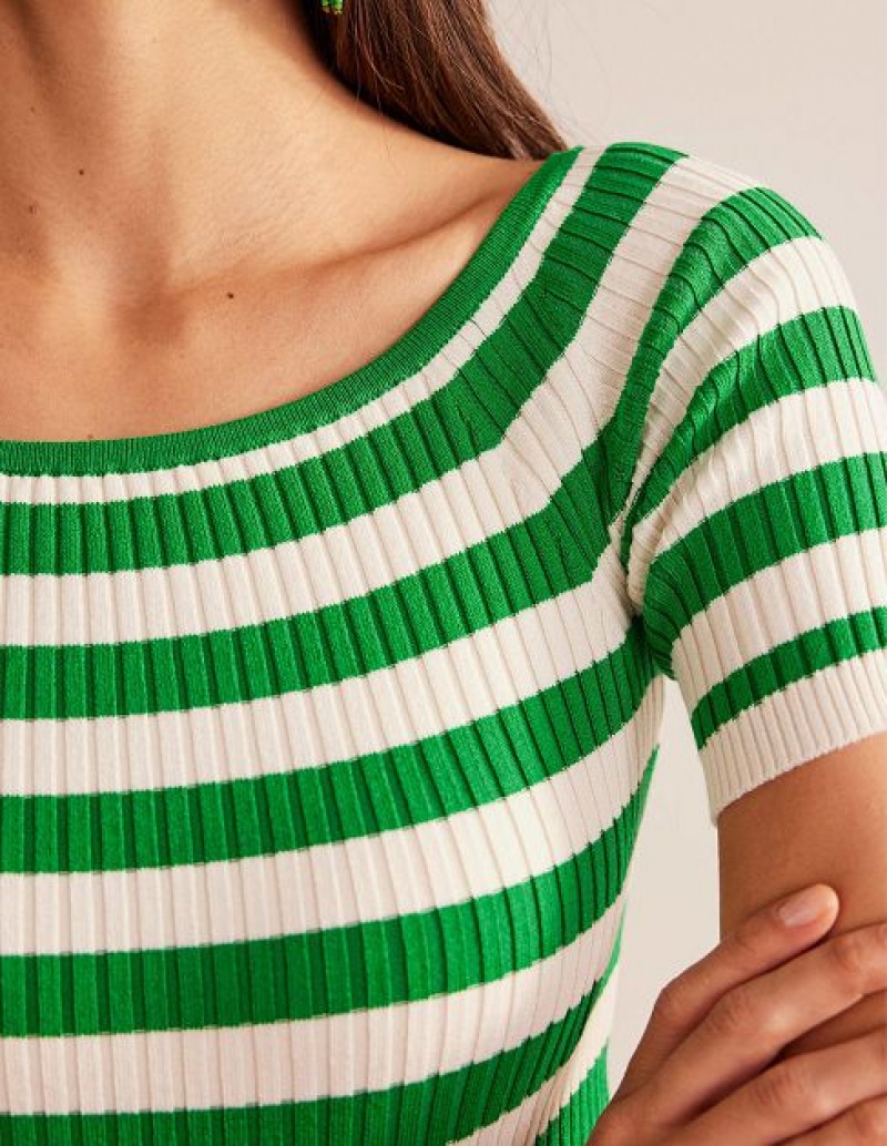 Turquoise / White Stripes Women's Boden Off-shoulder Ribbed Tops | 58319PXQM