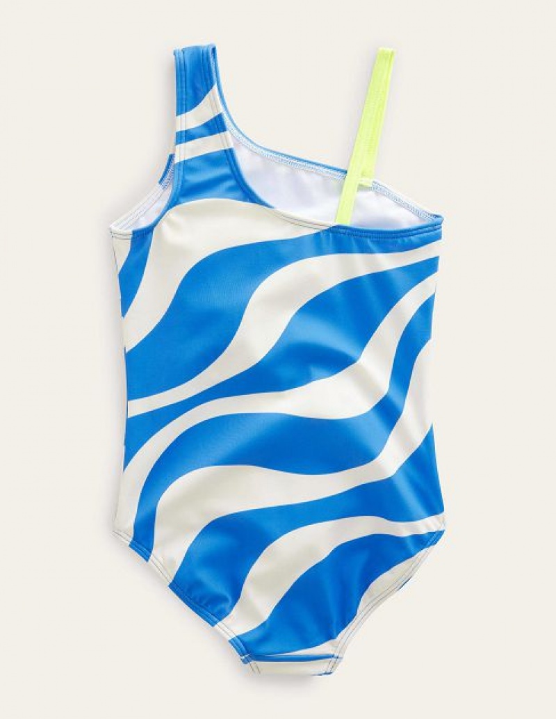 White Blue Kids' Boden One Shoulder Swimsuit | 06823GZFR