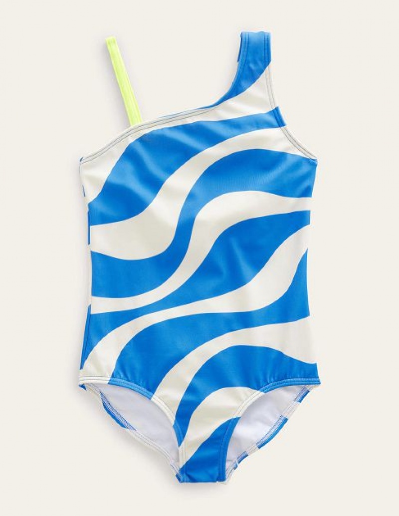 White Blue Kids\' Boden One Shoulder Swimsuit | 06823GZFR