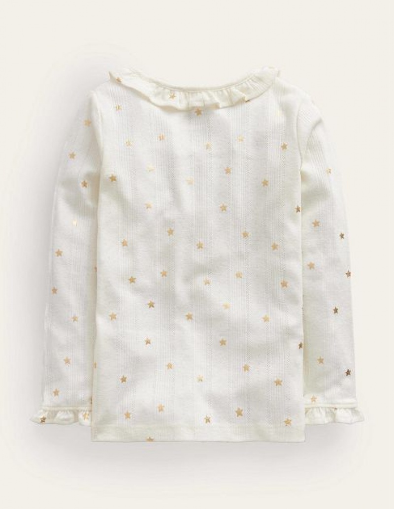 White Gold Kids' Boden Ruffle Sparkle Pointelle Sweaters | 27861BOZJ