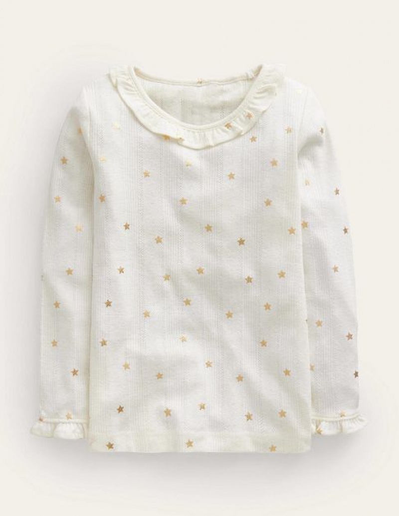 White Gold Kids\' Boden Ruffle Sparkle Pointelle Sweaters | 27861BOZJ