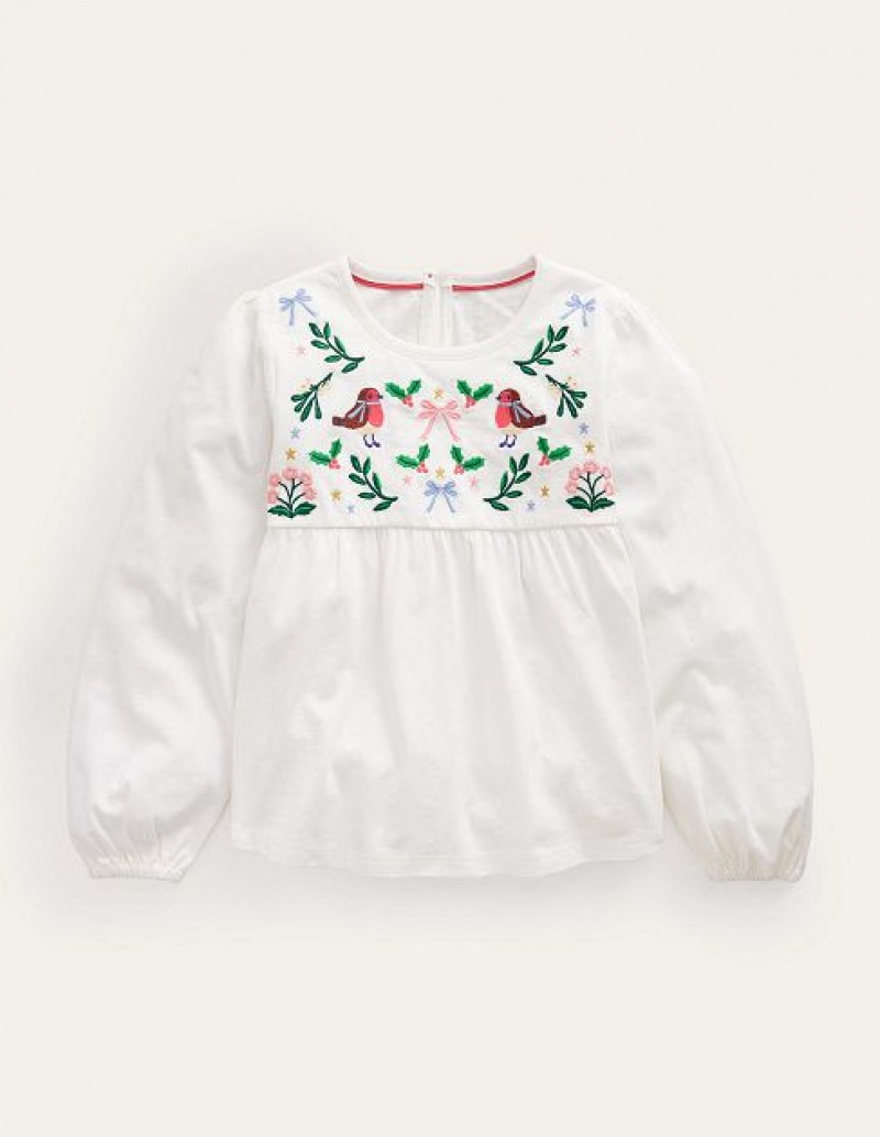 White Kids\' Boden Embroidered Jersey Tops | 72341GOPS