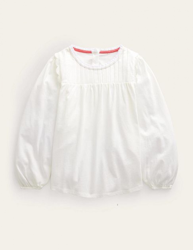 White Kids\' Boden Scallop Detail Long Sleeve Tops | 89047VQUT