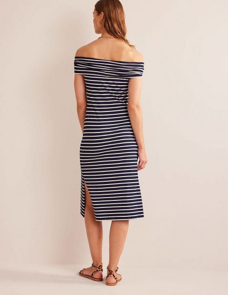 White Navy Stripes Women's Boden Bardot Jersey Midi Dress | 43961WNHO