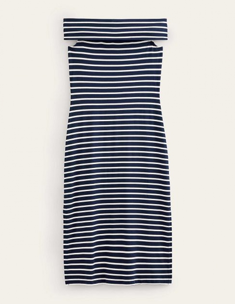 White Navy Stripes Women's Boden Bardot Jersey Midi Dress | 43961WNHO