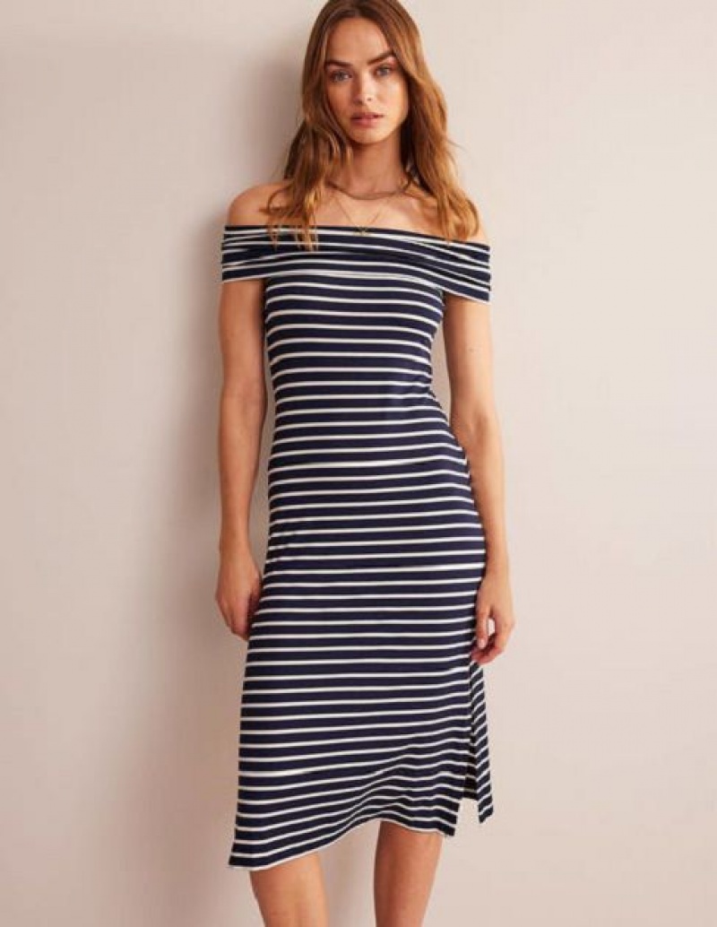 White Navy Stripes Women's Boden Bardot Jersey Midi Dress | 43961WNHO