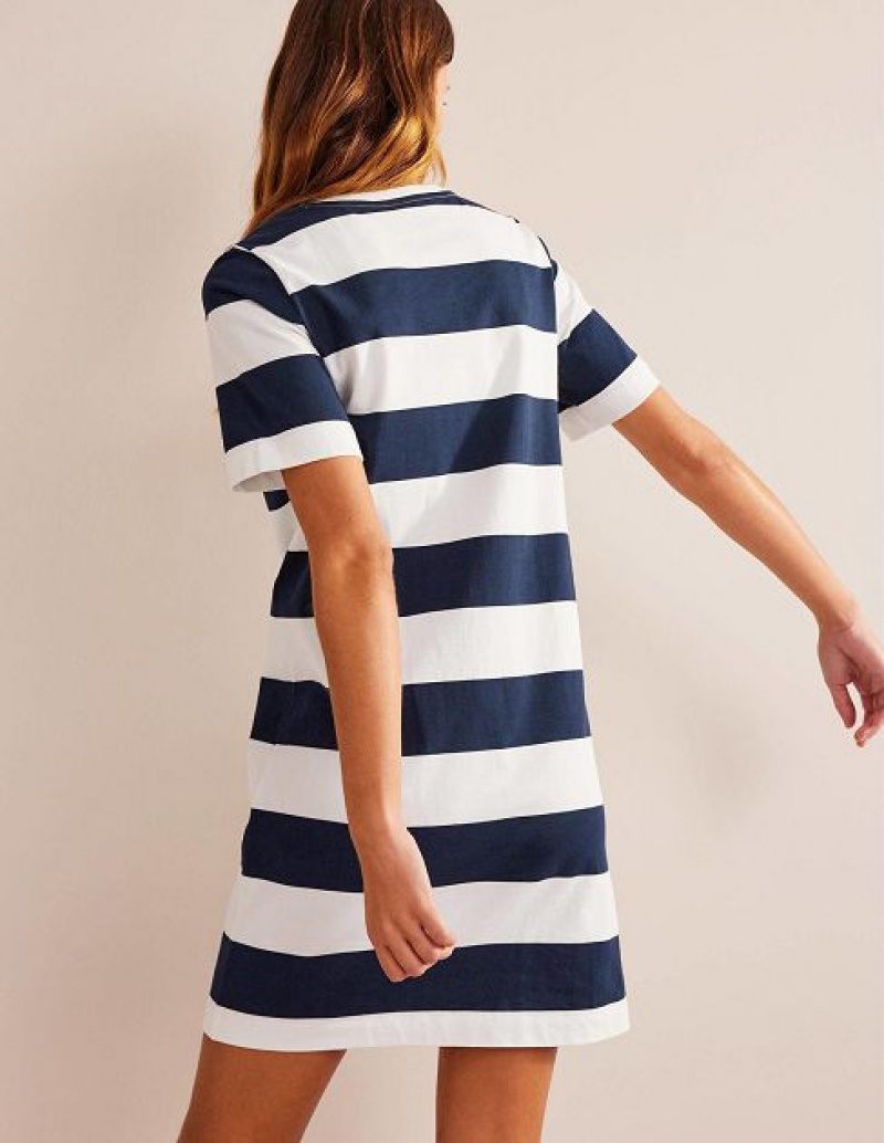 White Navy Stripes Women's Boden Crew Neck Shirt Dress | 21360IQHN