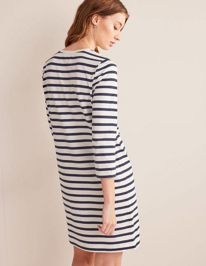 White Navy Stripes Women's Boden Jersey Shirt Dress | 14863HLYD