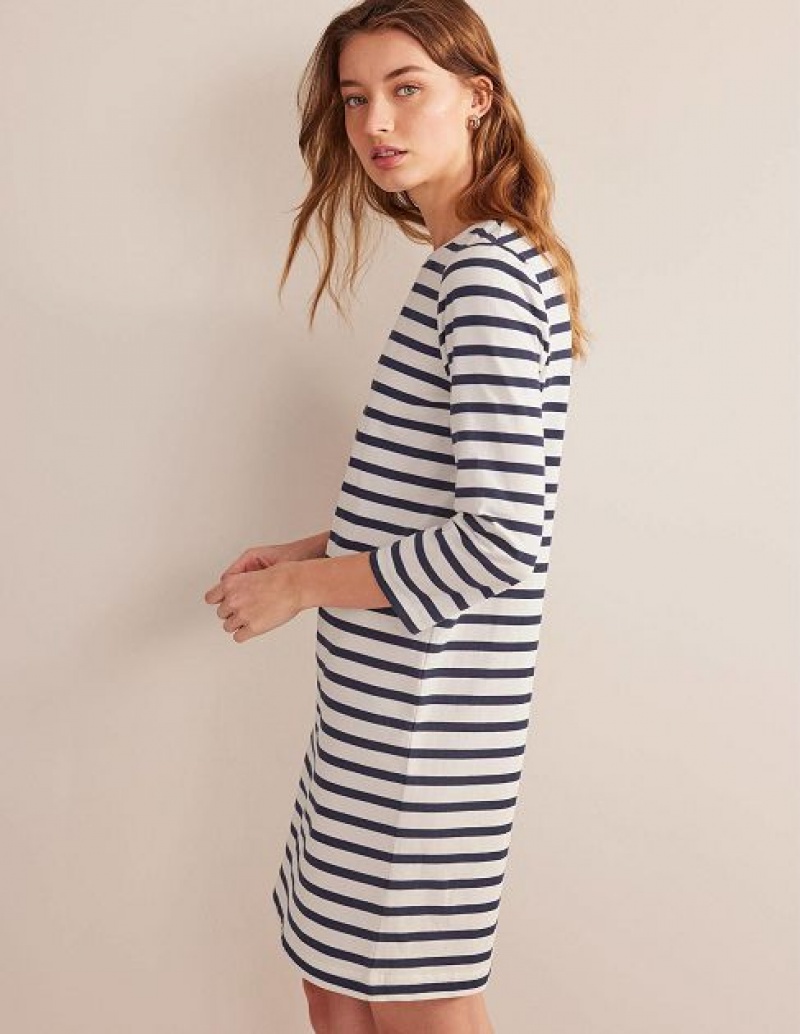 White Navy Stripes Women's Boden Jersey Shirt Dress | 14863HLYD