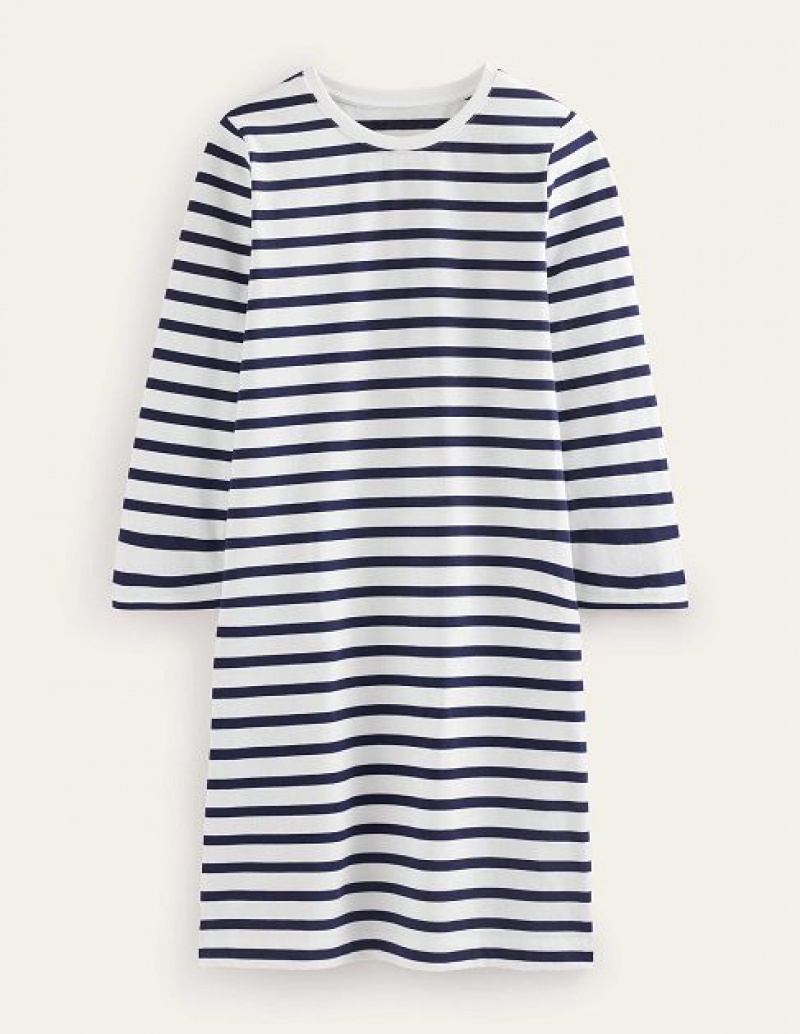 White Navy Stripes Women's Boden Jersey Shirt Dress | 14863HLYD