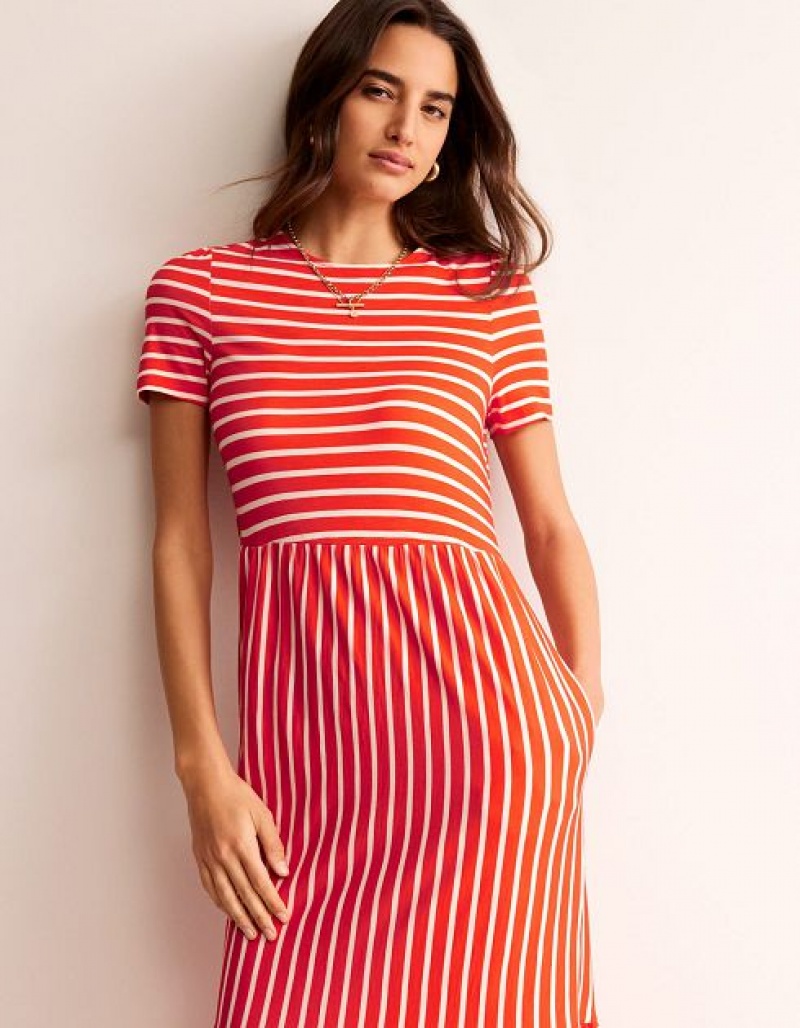 White Stripes Women's Boden Emma Tiered Jersey Midi Dress | 10895GBOW