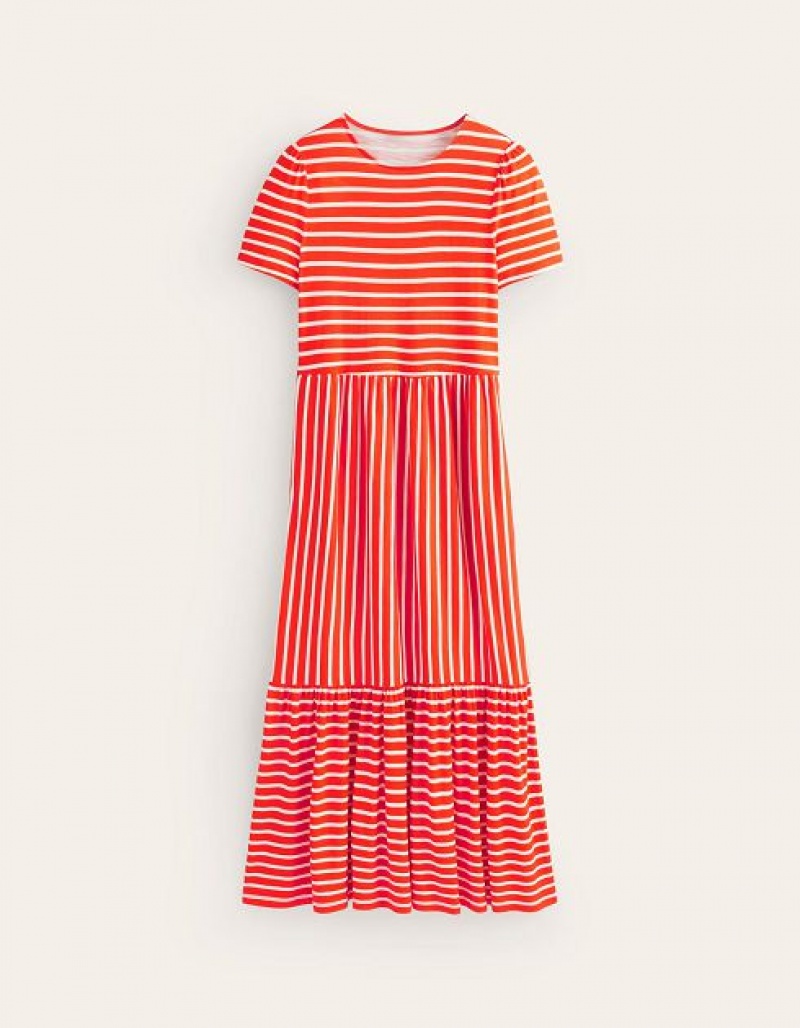 White Stripes Women's Boden Emma Tiered Jersey Midi Dress | 10895GBOW