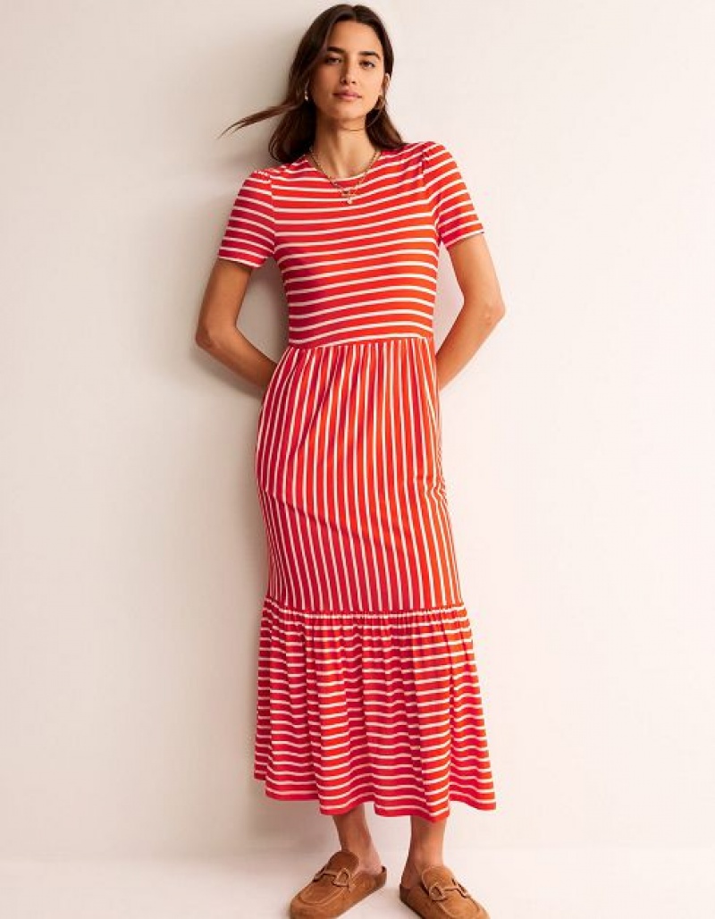 White Stripes Women\'s Boden Emma Tiered Jersey Midi Dress | 10895GBOW