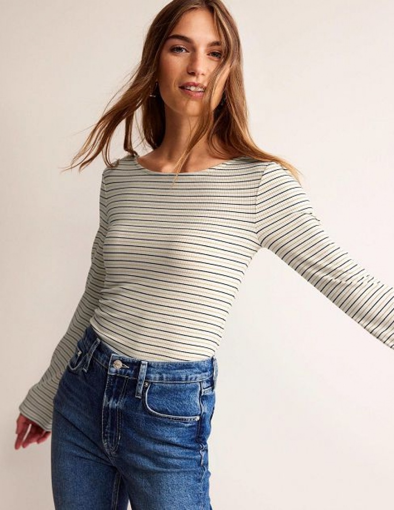 White Stripes Women's Boden Fluted Sleeve Jersey Tops | 67823HVMX