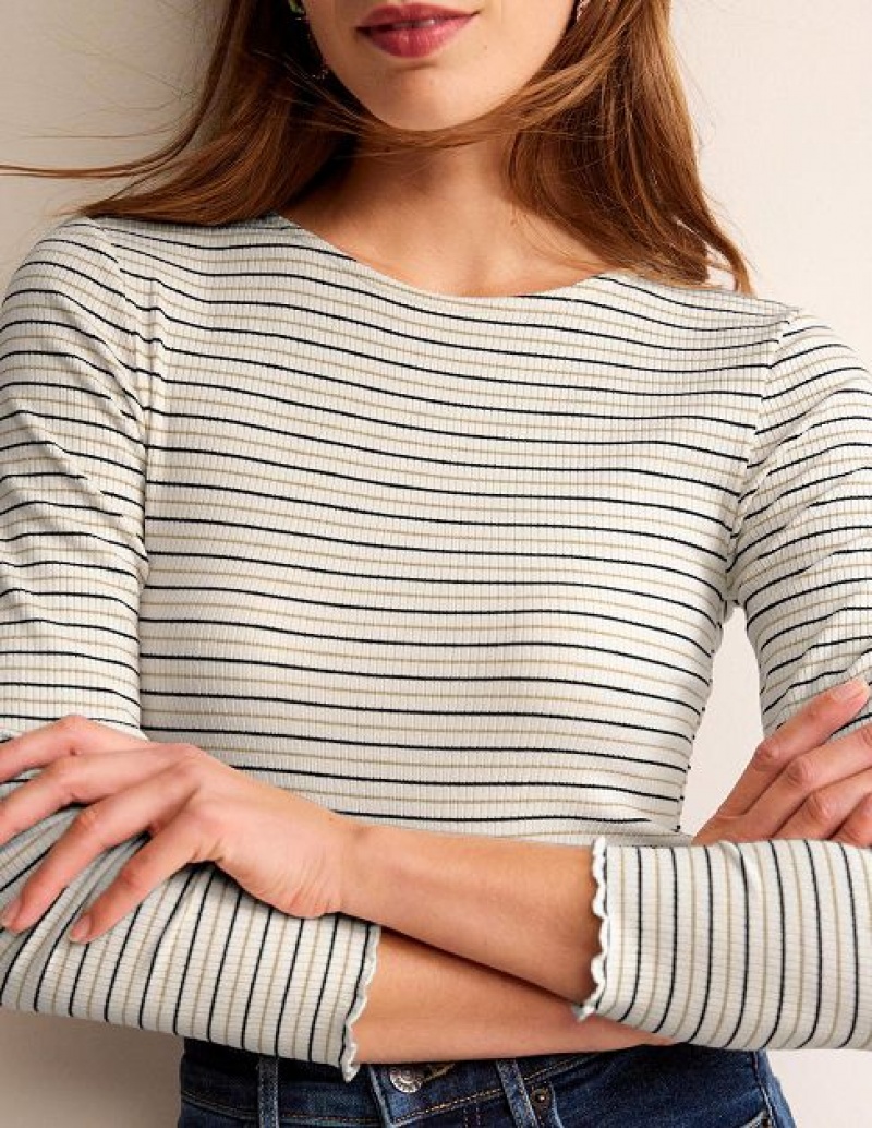 White Stripes Women's Boden Long Sleeve Metallic Tops | 13489AXUS