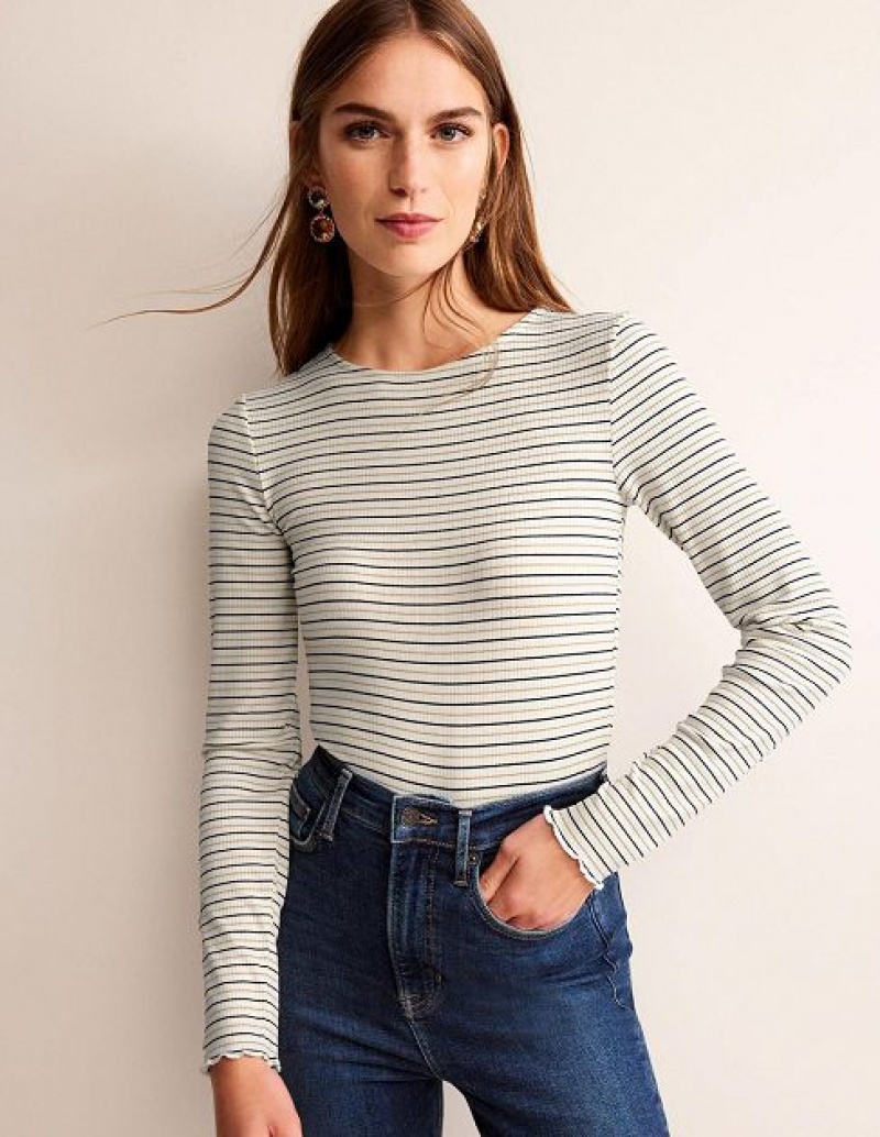 White Stripes Women's Boden Long Sleeve Metallic Tops | 13489AXUS