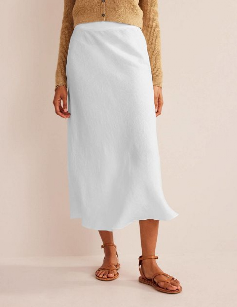 White Women's Boden Bias Linen Skirts | 47312CYFW