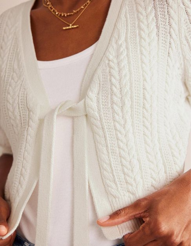 White Women's Boden Bow-trim Cropped Cardigan | 50942PMQU