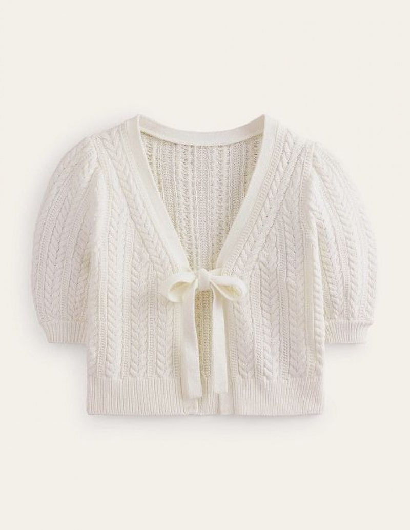 White Women's Boden Bow-trim Cropped Cardigan | 50942PMQU